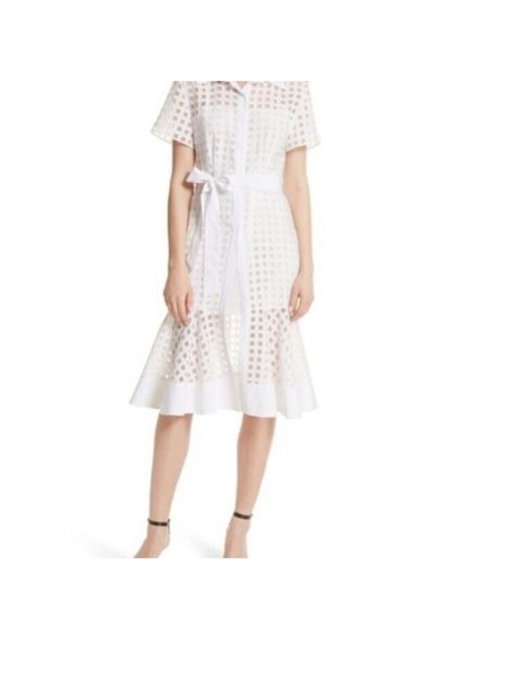 Milly Haley Window Check Shirt Dress Sheer Silk Blend White Midi